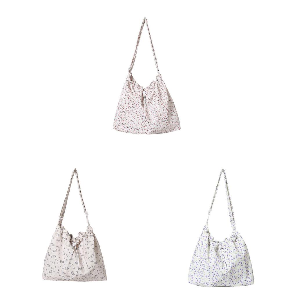 Canvas Drawstring Ruched Floral Tote Bag With Magnetic Closure For Casual Daily Use