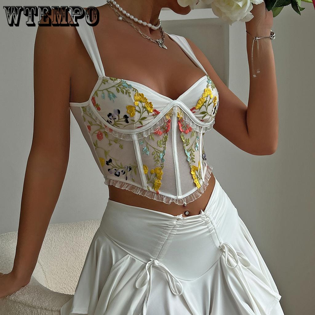 Summer Embroidered Lace Wood Ear Edge Sexy V-neck Wide Shoulder Straps Fishbone Corset