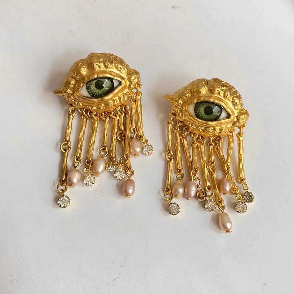 French Retro Unique Personality Exaggerated Eyes And Earrings Pearl Rhinestone Tassel Earrings Women's Jewelry Party Accessories