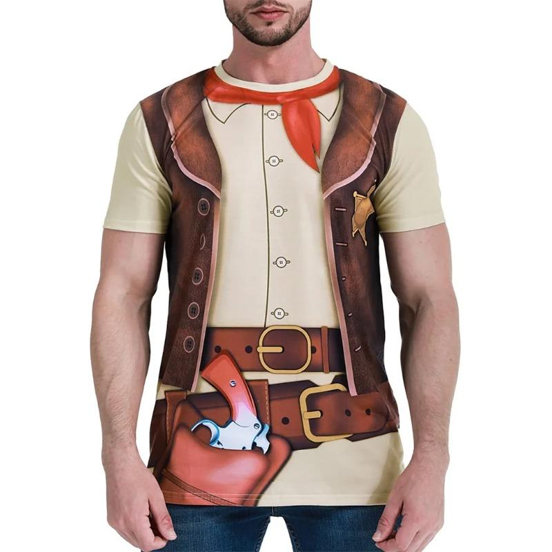 Western Cowboy Men T-shirt Sport Quick-dry Breathable Casual Street Outdoor Fun Cosplay Party Short-sleeve Top