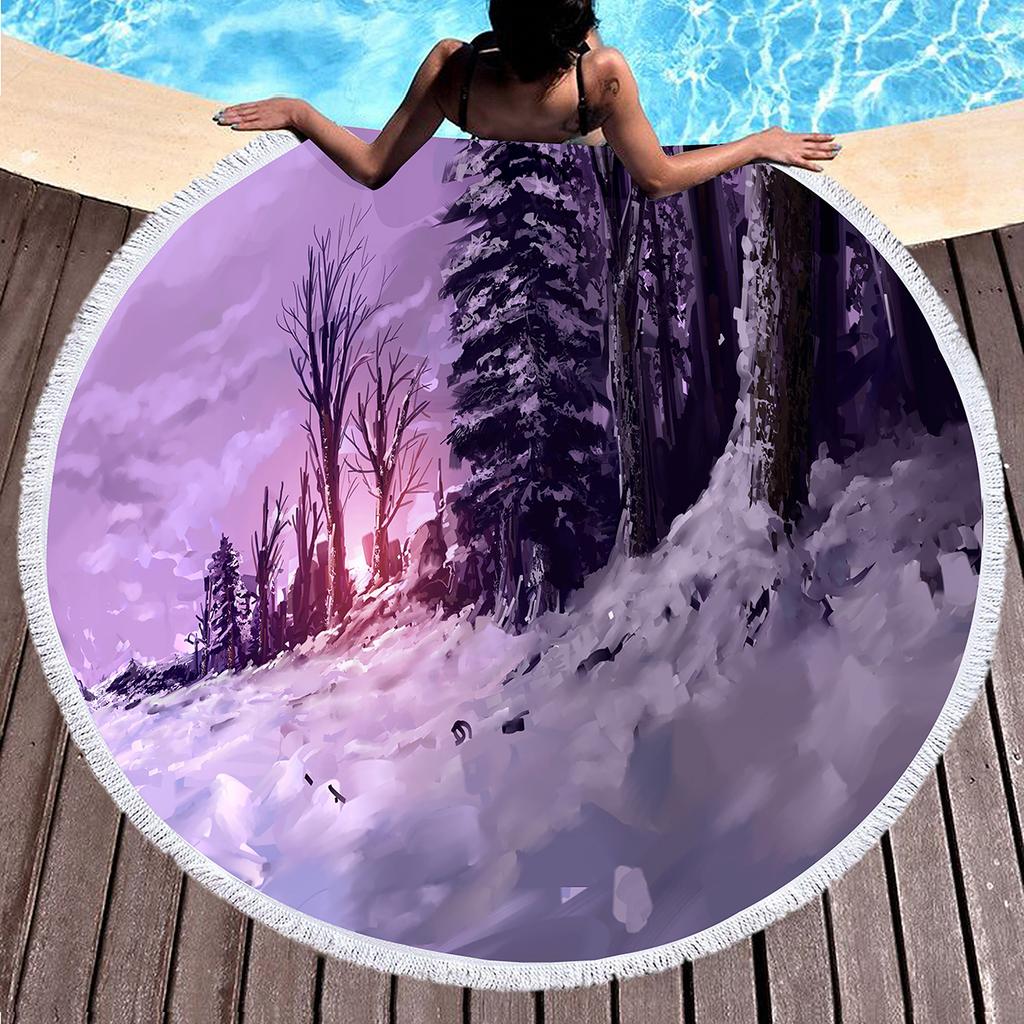 Round Beach Towel,Fantasy Winter Tree Printing Polyester Sand Resistant Beach Blanket,Absorbent Quick Dry Pool Towel Picnic Mat