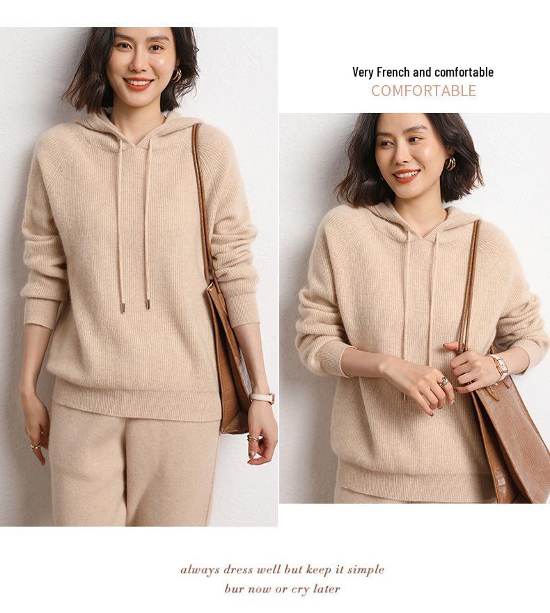Women's Thick Wool Cashmere Knit Hoodie, Autumn/Winter Loose Sweater Coat.