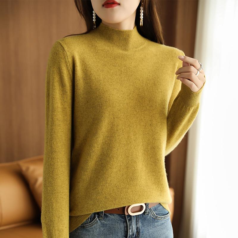 Elegante suéter de cuello alto medio para mujer, primavera, otoño e invierno, fino de manga larga, negro, camisa básica de punto para mujer