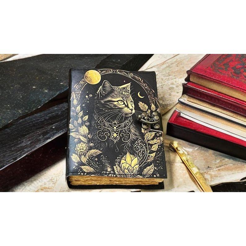 Celtic Cat Leather Journal • Handmade Grimoire Book of Shadows • Gift for Witches & Cat Lovers”