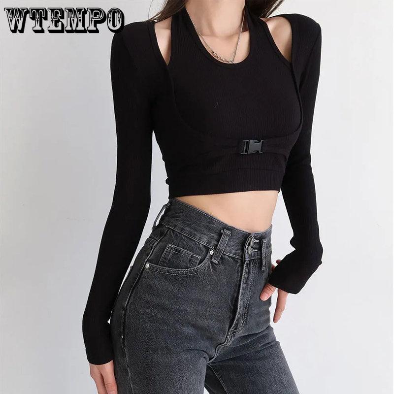 WTEMPO Topuri decupate tricotate, false, din două piese, pentru femei, ocazional, subțiri, cămăși cu mânecă lungă, îmbrăcăminte de club, îmbrăcăminte de stradă