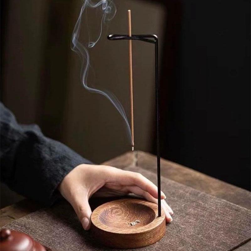 Upside Down Incense Stick Holder with Ash Catcher Bowl, Wooden and Metal Hanging Incense Burner, Clean Ash Collecting Design