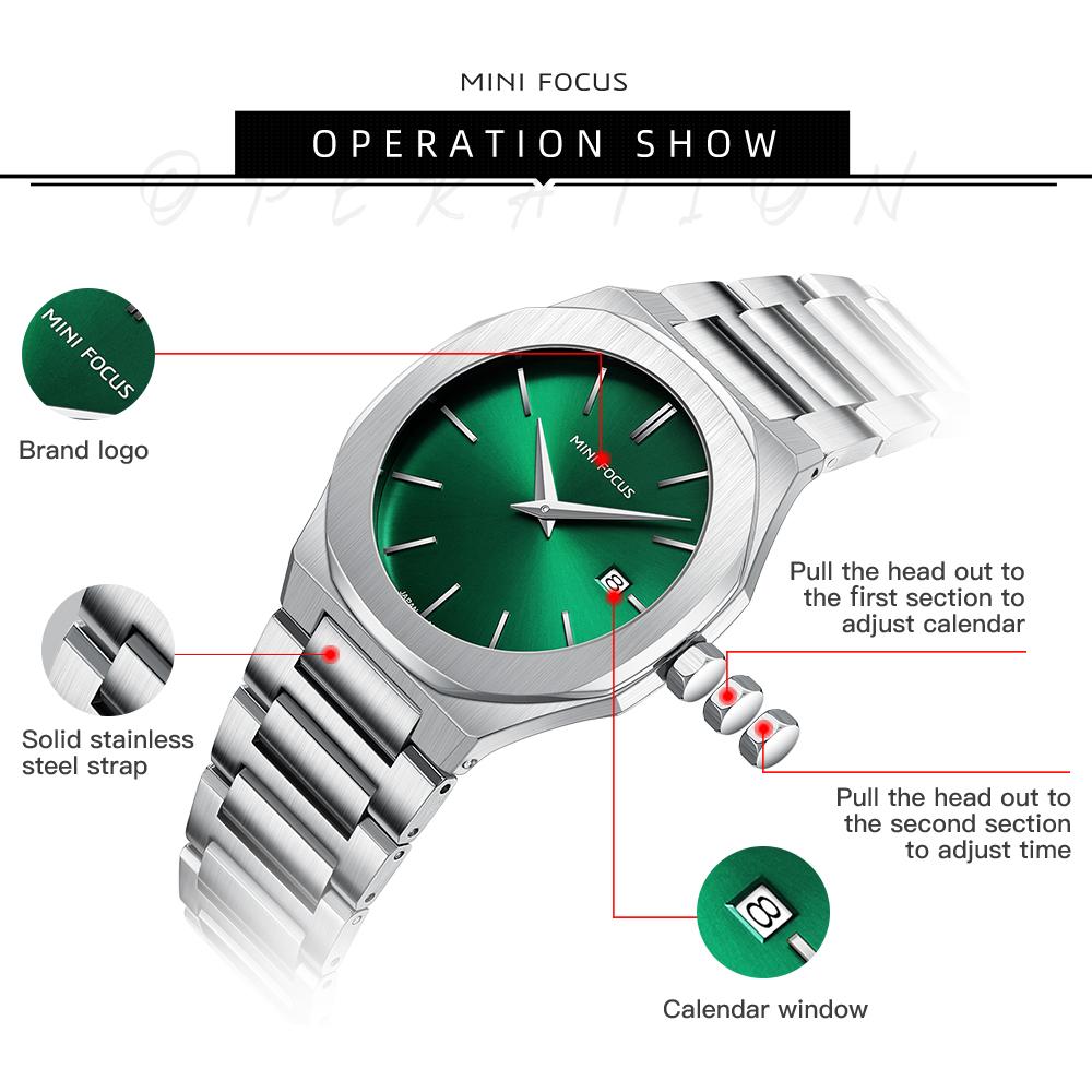 MINIFOCUS Men's Simple Quartz Watch with Stainless Steel Strap Date Display Water-Resistant Stylish Casual Wristwatch