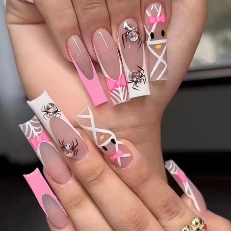 Sweet French Style Press-On Nails With Pink Bow Rhinestones Smiley Face Design - Gel Adhesive Or Jelly Glue Gel Adhesive Type