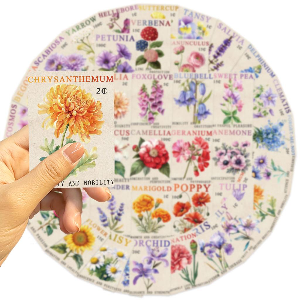 50 Cartoon Retro Stamps Flower Doodle Stickers Decorative Guitar Notebook Suitcase DIY Waterproof