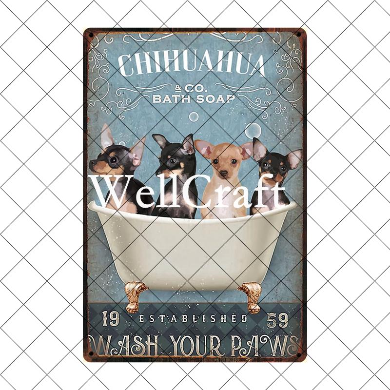 [ Wellcraft ] Chien Chihuahua Animal de Compagnie Sous la Douche Vin Bain Boutique Art Métal Étain Panneau Mur Poster Peinture Fer Pub D-04 20*30 CM