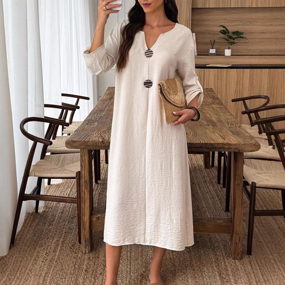 Women Long Sleeve V Neck Button Front Dress Multi Colors