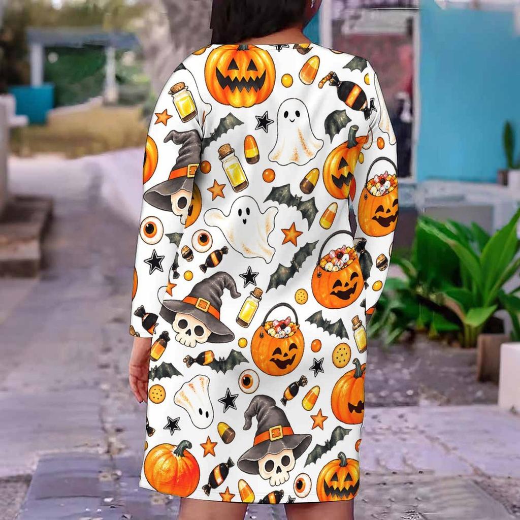 Women Plus Size V Neck Long Sleeve Fitted Straight Hem Dress Halloween Dachshund Printed White
