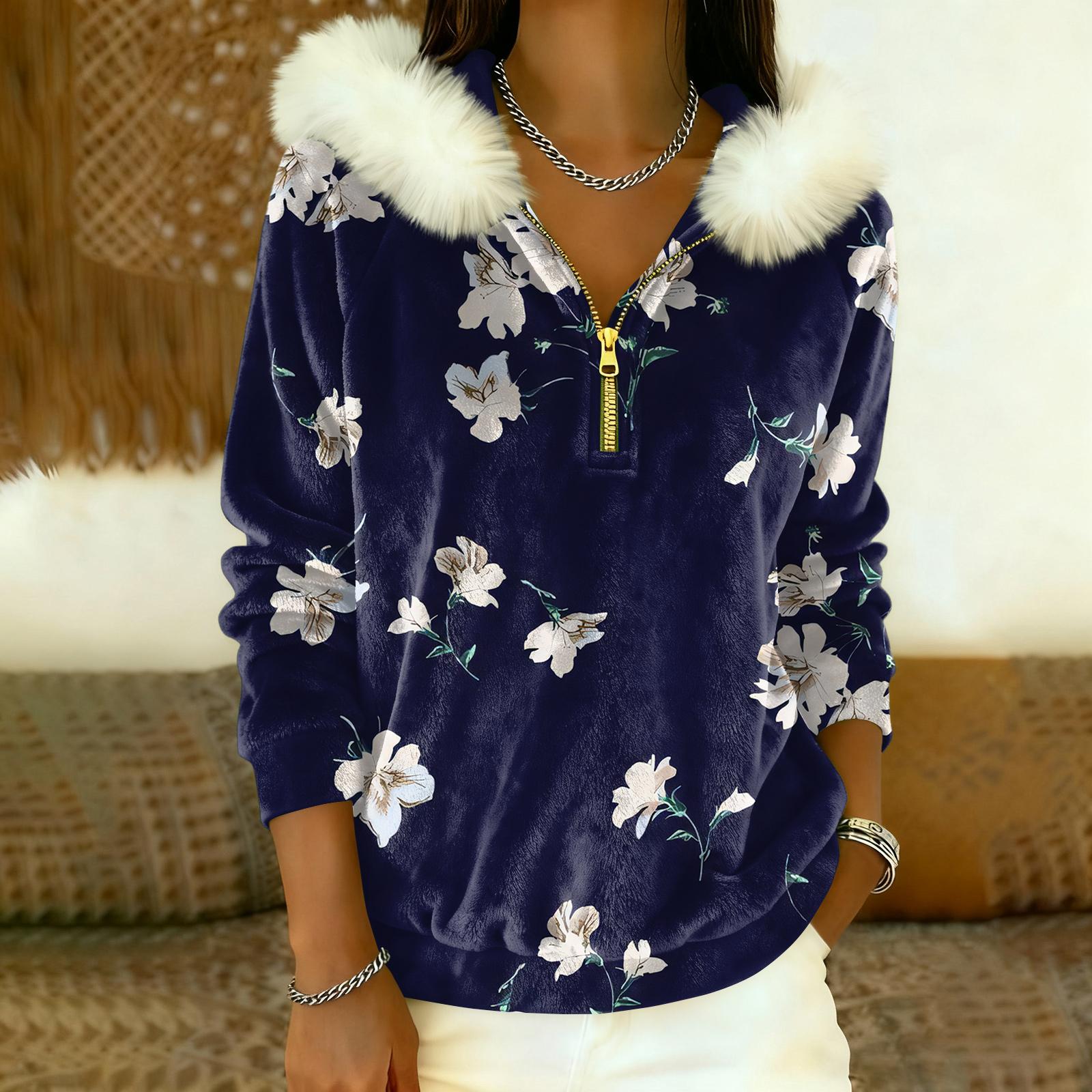 

Women s Loose And Comfortable Casual Fashion Half-Zip Hooded Long Sleeve Conventional Printing Top L Темно-синій