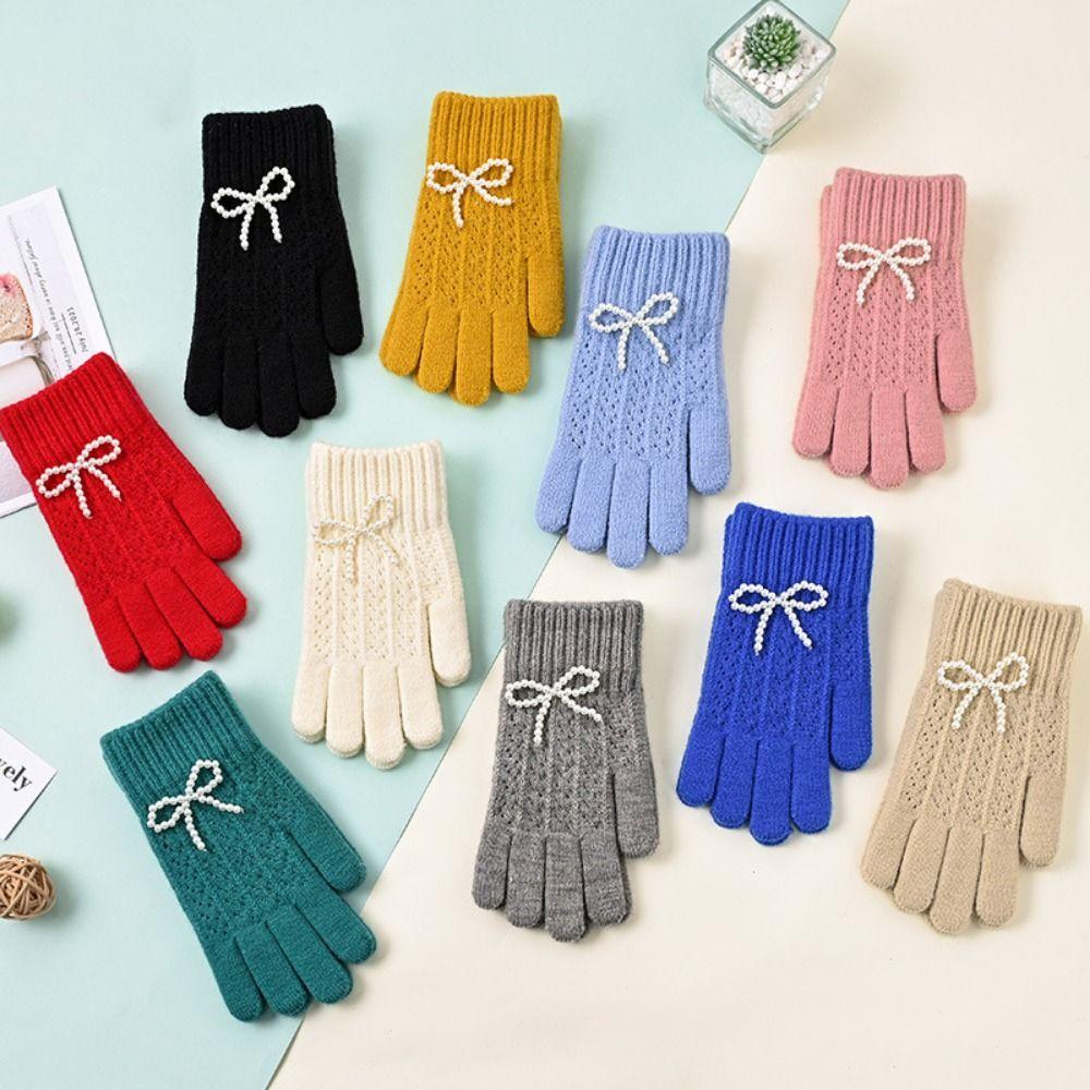 Fashion Pearl Bow Knitted Gloves Kawaii Women Mittens New Warm Fullfinger Gloves