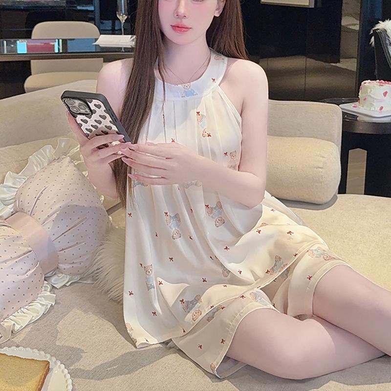 Summer new sleeveless fashion sweet sleeveless shorts pajama set soft comfortable cool summer pajama set