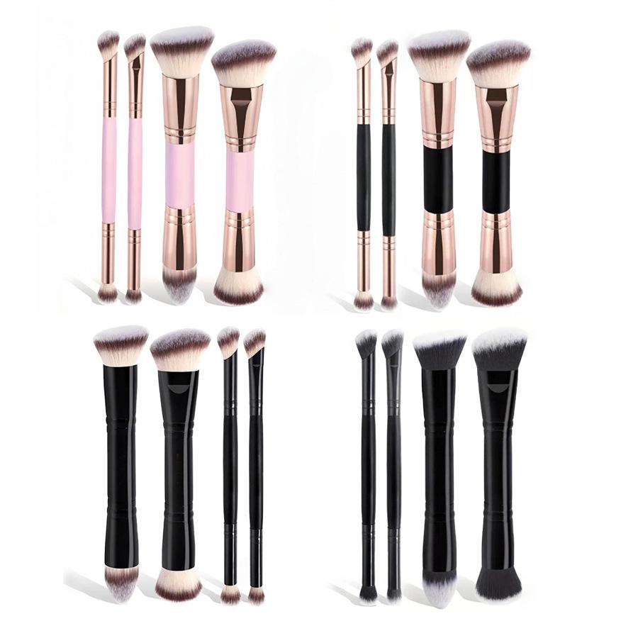 4-Piece Dual-End Makeup Brush Set: Foundation, Blush, Contour, Eye Shadow Blending with Soft Three-Color Bristles