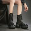 Johnature Genuine Leather Patchwork Mesh Thick Heel Hollow-out Boots Retro Women's Platform Shoes
