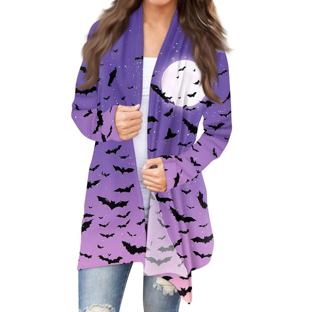 Women's Halloween Print Long Sleeve Front Cardigan Printed Top Lightweight Jacket