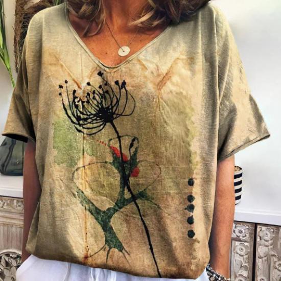 2026 New Fashion Women's Casual Versatile Square Pattern Short Sleeve V-Neck T-Shirt