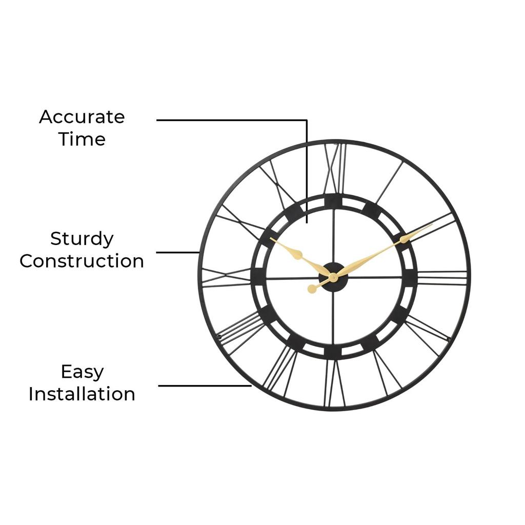 Iron Open Dial Roman Number Wall Clock with Special Big Clock Hands Analog Clock for Living Room Bedroom and Office - 30 Inch, Blackd