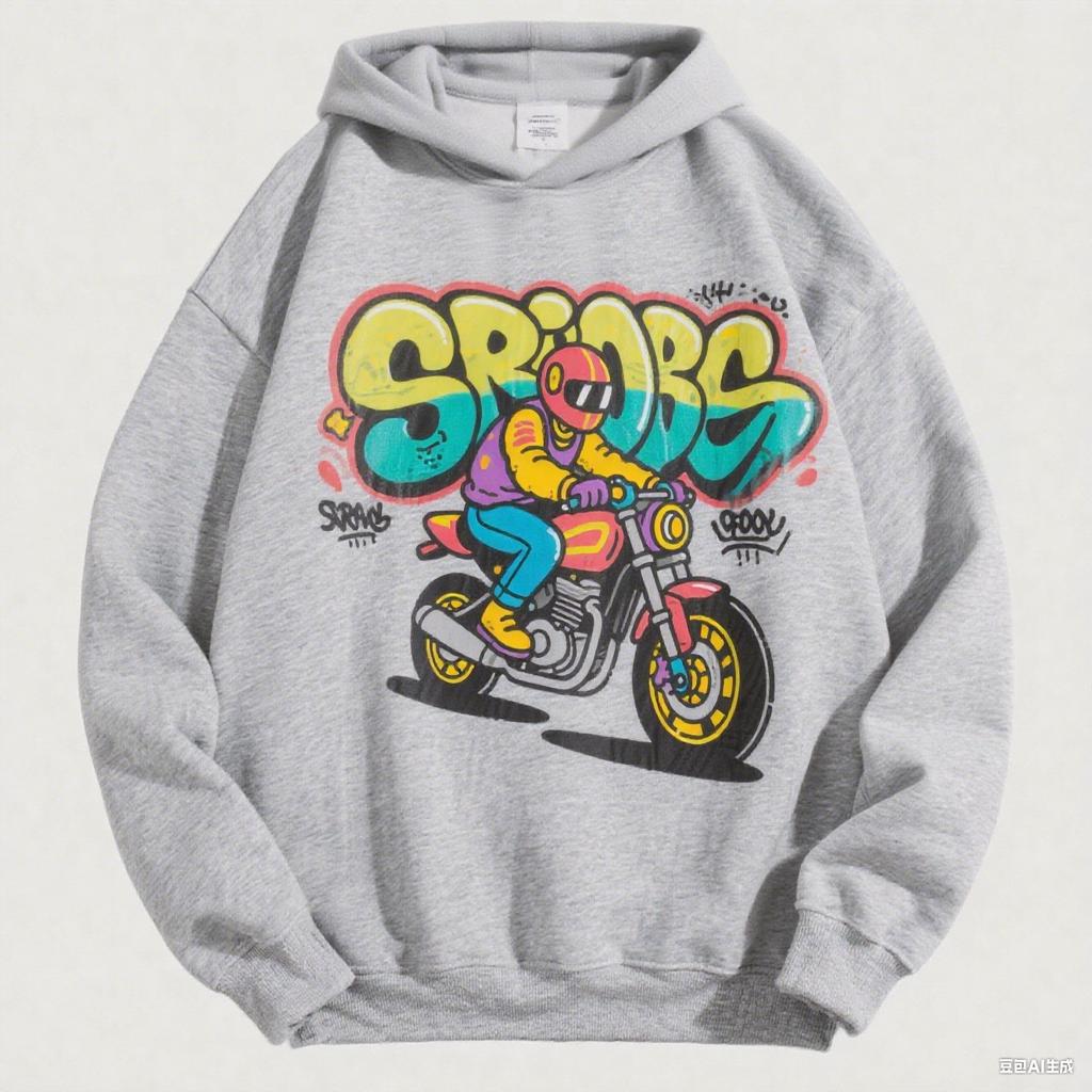 Herren Vintage Biker Hoodie Graffiti Motorradfahrer Grafikdruck Übergroßes Streetwear Sweatshirt Hip Hop für Herbst Winter