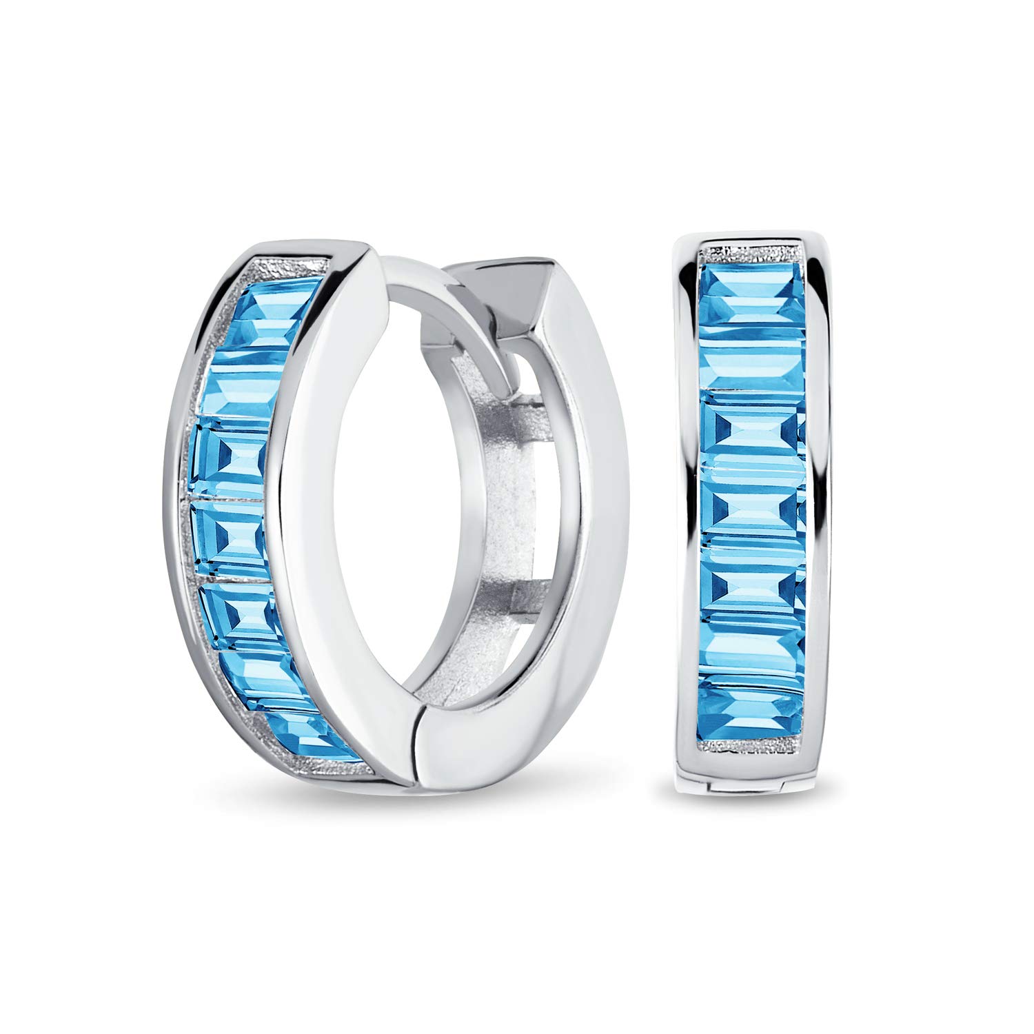 

Classic Baguette Cut CZ Channel Set Kpop Huggie Hoop Earrings Women Men Simulated Aquamarine Blue Cubic Zirconia Sterling Bridal .925 Silver
