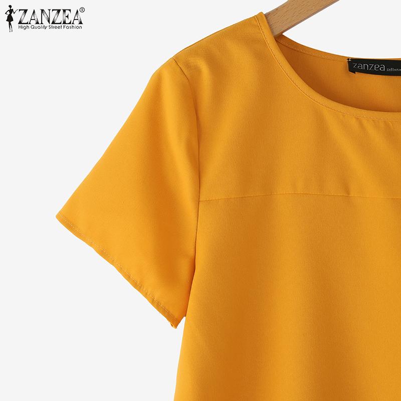 ZANZEA Women Summer Round Neck Solid Color Casual Short Sleeve Blouse