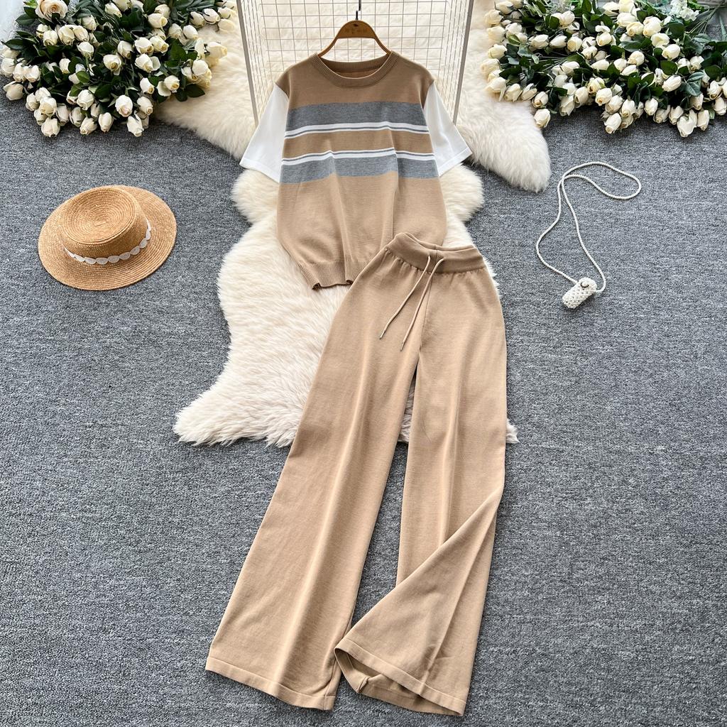 Sommer Damen Strickpullover Hose Zweiteiliges Bekleidungsset Kurzarm Rundhals Gestreifter Pullover Tops und Weitbeinige Hosenanzug