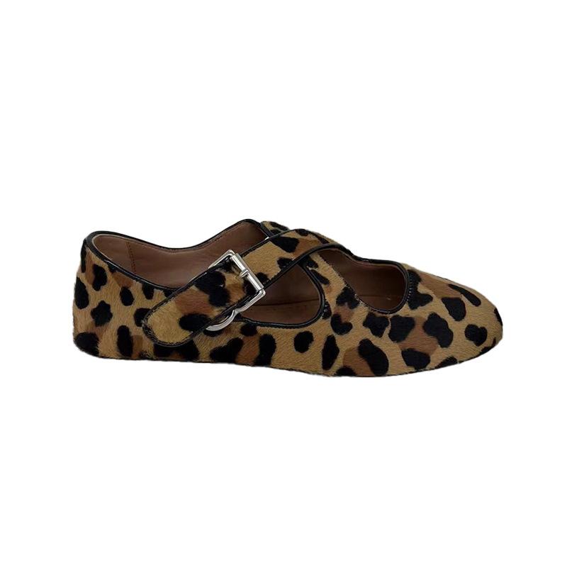 Sheepskin Version~ Niche Leather Leopard Print Cross Soft-sided Ballet Shoes Horse Hair Mary Jane Shoes Shallow Mouth Flat Shoes