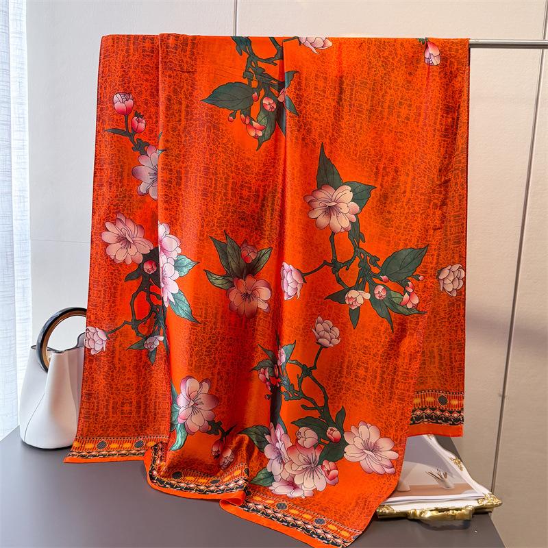 Spring And Summer Simulation Silky Brocade Fashion Sunscreen Silk Scarf Long Scarf Silky Printed Shawl Versatile Headscarf Scarf