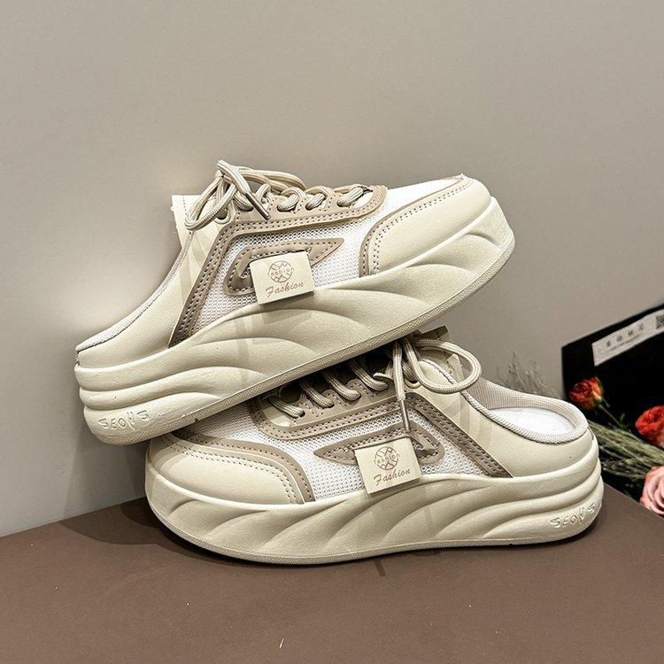 

Muffin thick-soled one-pedal cool slippers 2024 summer new mesh breathable bag head one-word slippers women wear 40 хаки