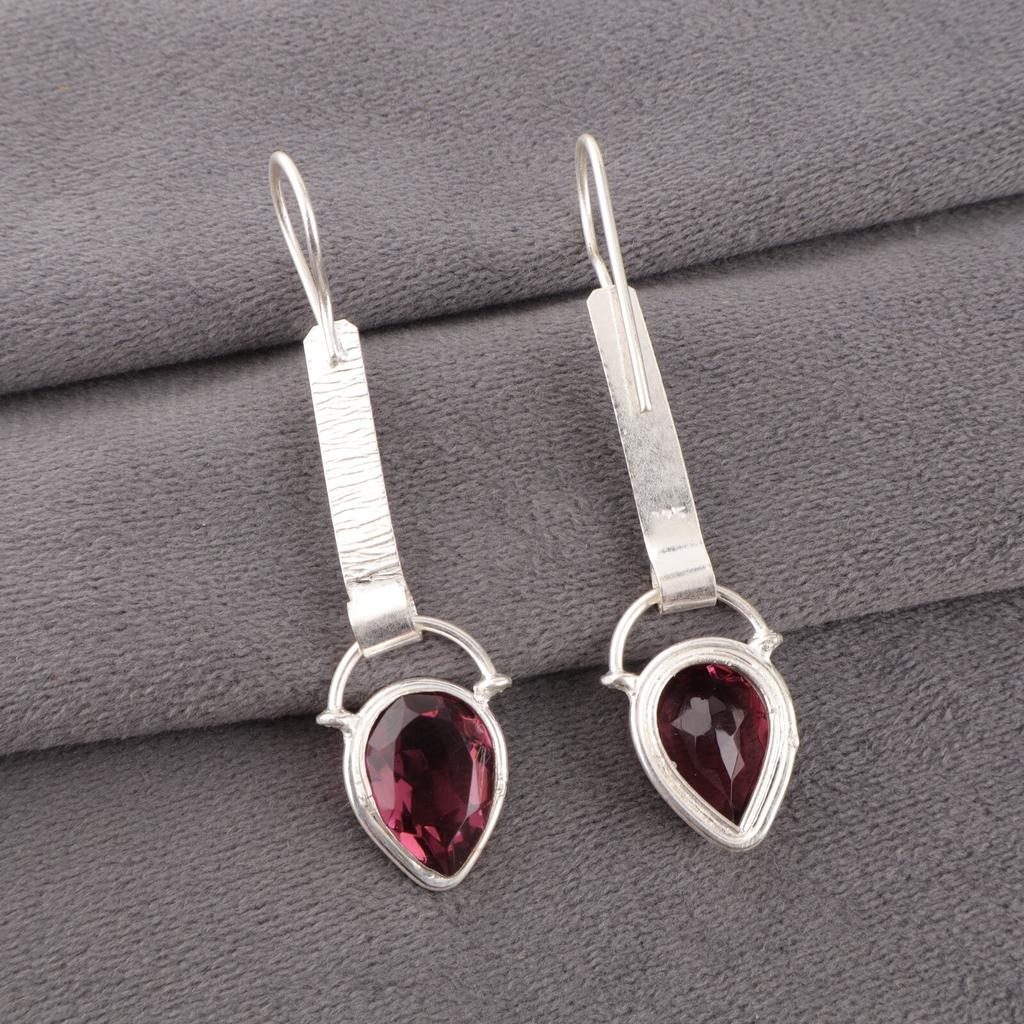 Rhodolite Gemstone 925 Stamped Silver Jewelry Handmade Earrings 2.3" For Sister EE-166-10