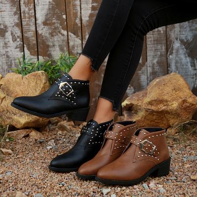 Damen Stiefeletten mit Nieten und Schnalle, Trendige Lässige Martin Boots