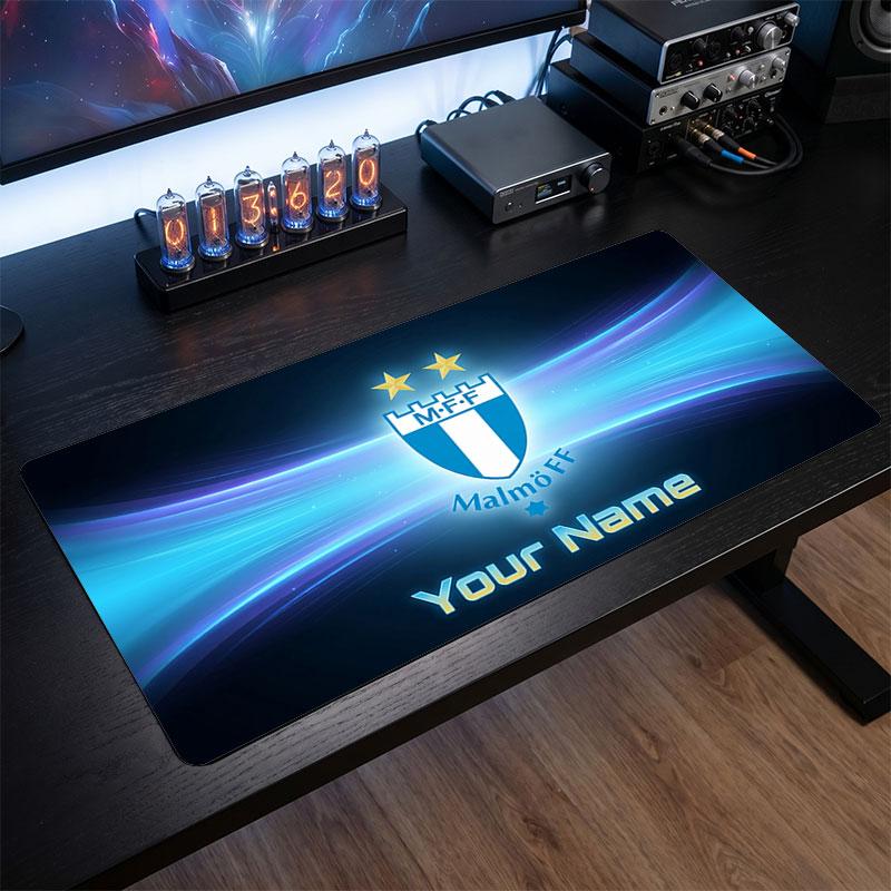 Malmö FF Custom Large Mouse Pad, Personalized Name Text Print, Football Logo Non‑Slip Desk Mat Gaming Gift