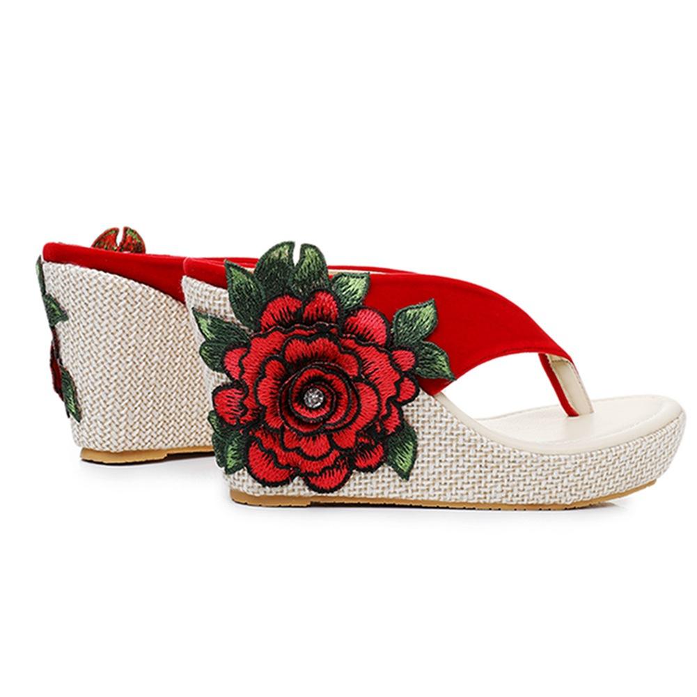 9cm Bohemske Vanntette Platform Sandaler med Tykksåle og Hæl Strand Fotslippers Broderte Blomster Svampekake Sandaler