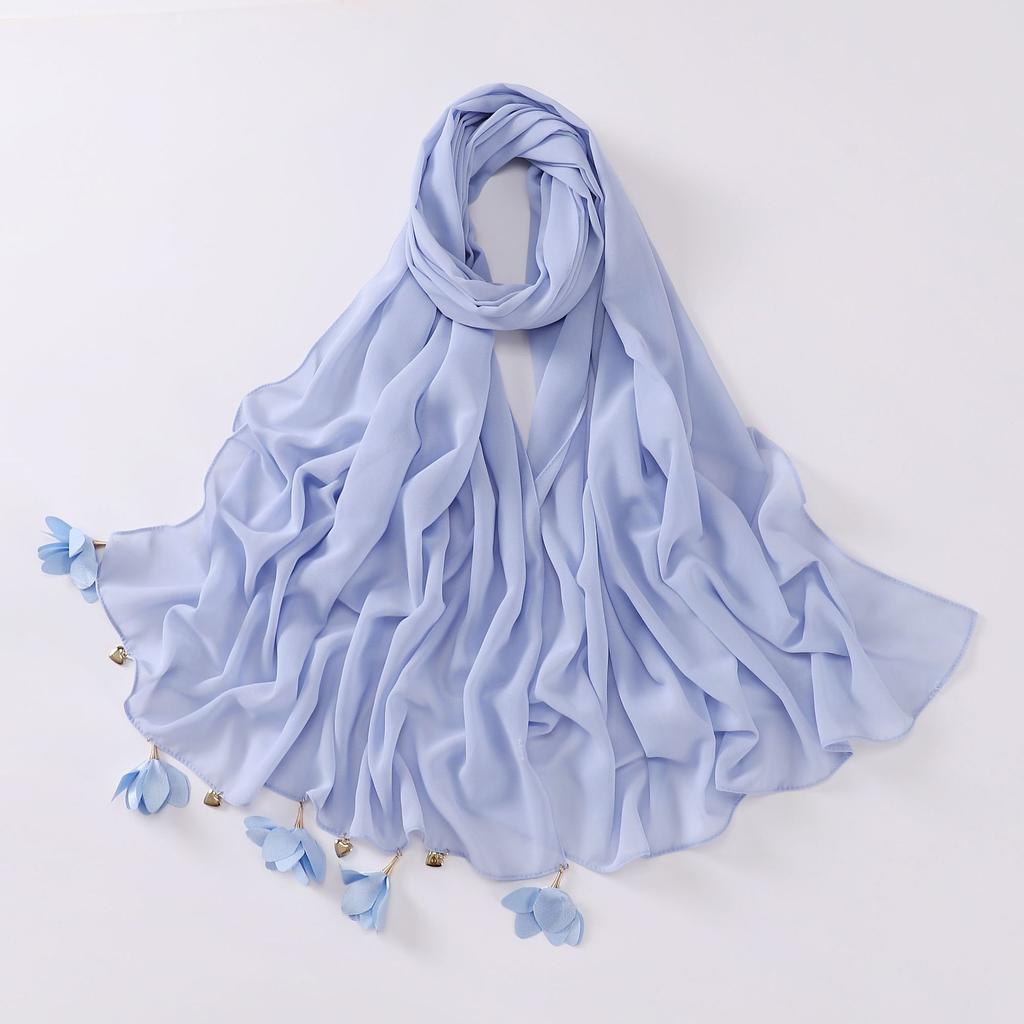 Handmade Alloy Love Flower Chiffon Hijab Beads Scarves Plain Shawls Women Sunscreen Headscarf Head Wrap Hijabs Ramadan Turban