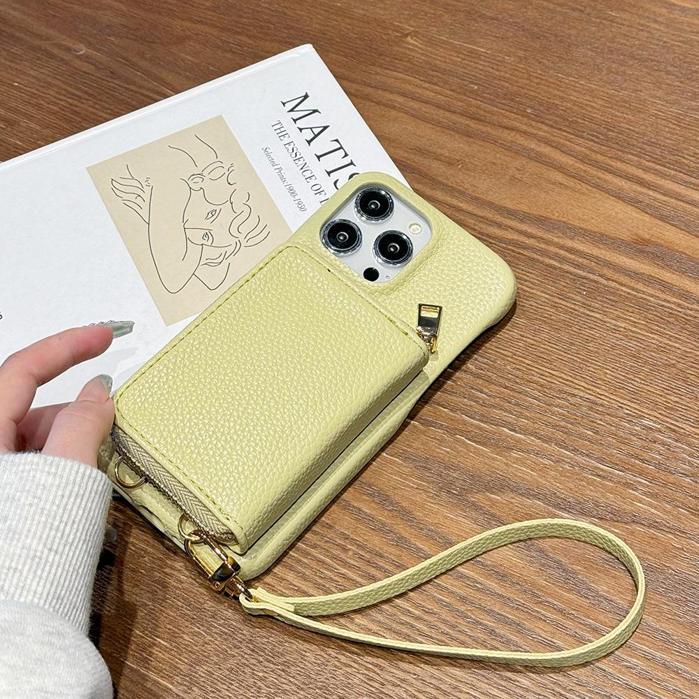 Für iPhone 15 Pro Hülle Reißverschluss Kartenfächer PU Leder Handy Rückseite mit Handschlaufe