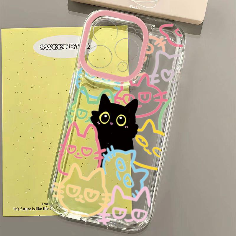 Transparent Cute Black Cat Phone Case for iPhone 16E 11 13 12 14 16 17 Pro Max 15 Plus XS 17 Air Animal Soft TPU Cover Fundas