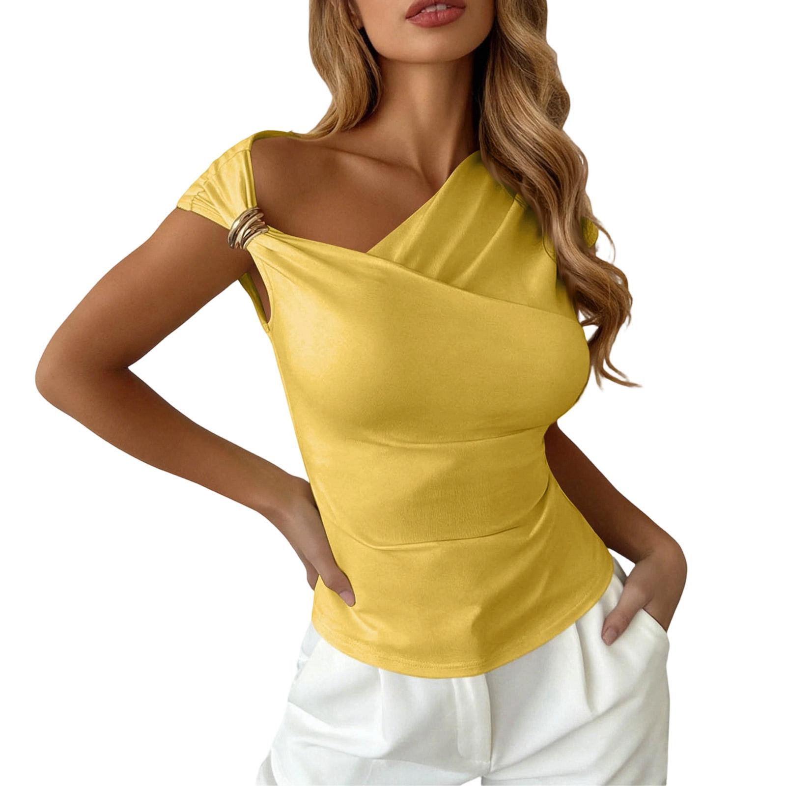 

Women Asymmetric One Shoulder Top Slim Fit Sleeveless Blouse Office Wear Stylish Workwear Vest Shirt L жёлтый