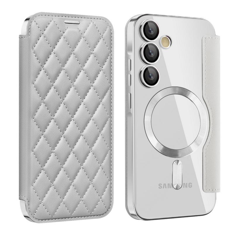 

Кожаный складной чехол для Samsung S25 Edge S24 FE S23 Ultra A56 A36 A16 A55 с беспроводной зарядкой, прозрачный противоударный чехол для телефона с отделением для карточек Samsung A06 серый