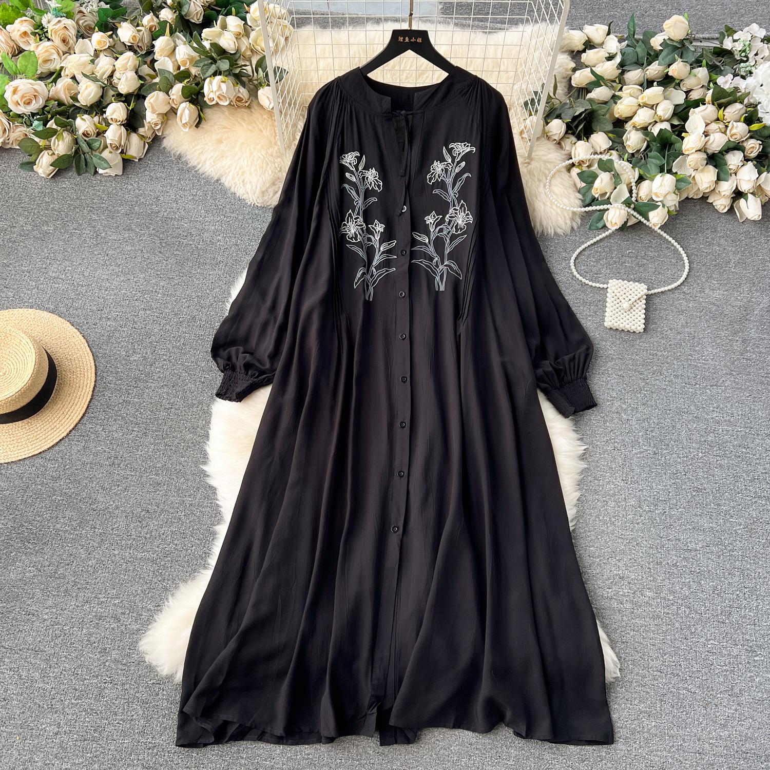 

Винтажное элегантное свободное платье с вышивкой в ​​Корейском стиле, повседневные женские трапециевидные платья, летние и весенние платья, большие размеры One Size чёрный