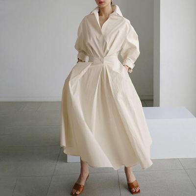 Chic Commute Cotton-Linen Swing Dress with Turn-Down/Polo Collar & Elastic Waist