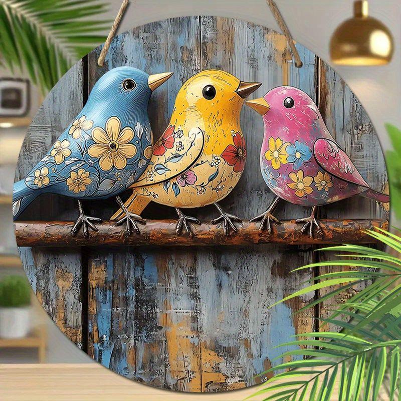 2D Flat Wooden Hanging Decorative Sign, Family Wall or Door Decoration, Garden Decoration, Three Colorful Birds Pattern, Holiday Gifts for Friends
