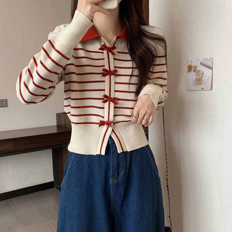 

Французский свитер-кардиган с контрастными полосками, лацканами и длинными рукавами для женщин, облегающее короткое вязаное пальто One size