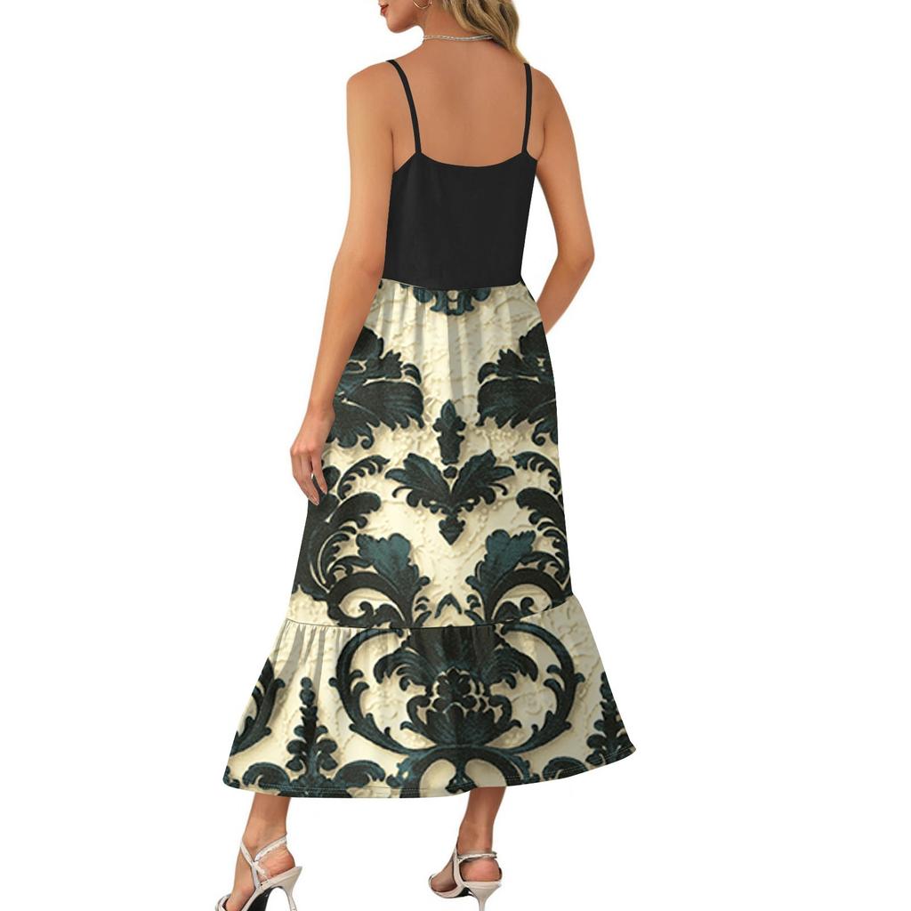 Women's Long Beach Casual Elegant Spaghetti Strap Maxi Dress Floral Low-key Flowing Bohemian Dress