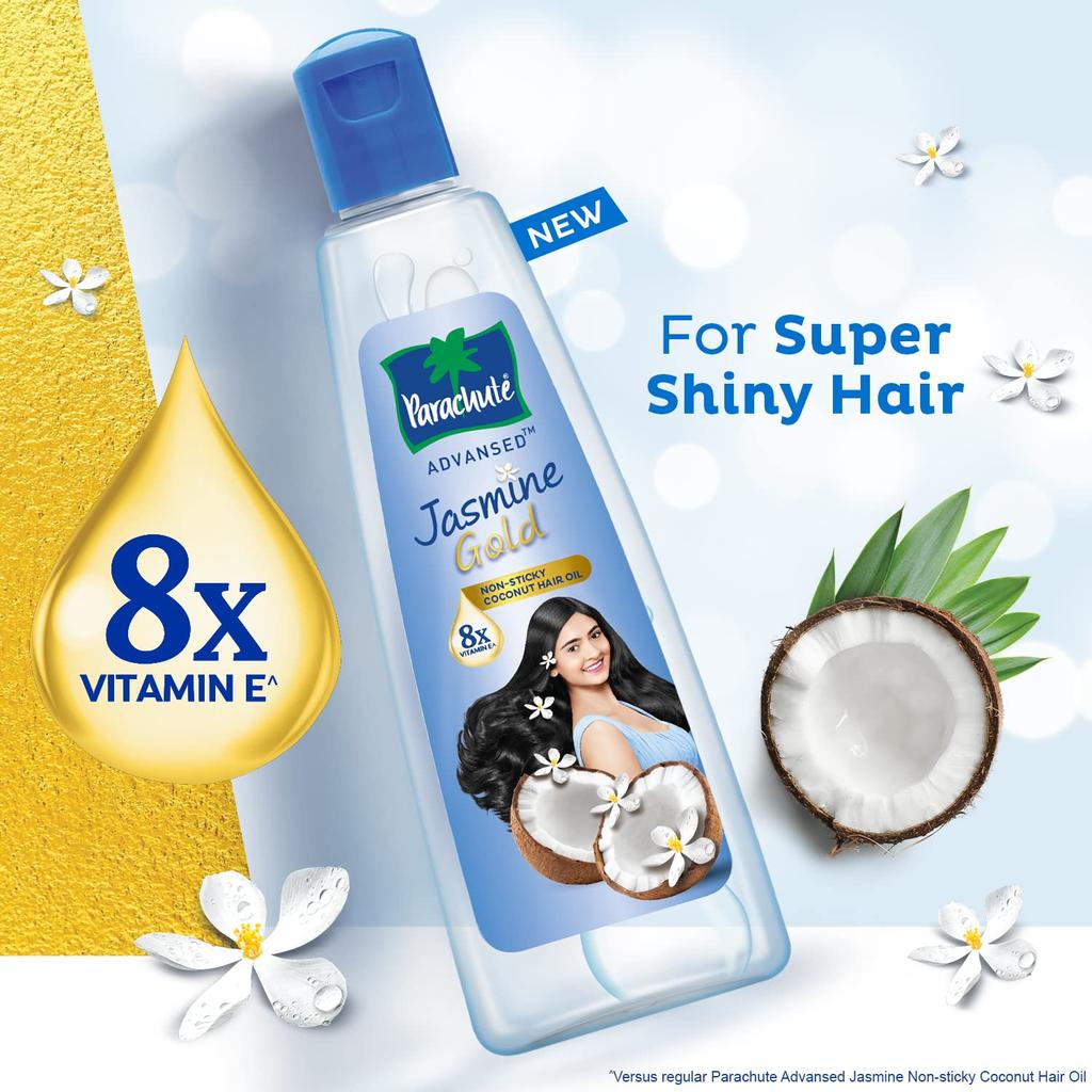PARACHUTE Jasmine Gold Coconut Hair Oil 300ml With Vitamin E For Soft Shiny Hair Non-Sticky Nourishment For All Hair Types