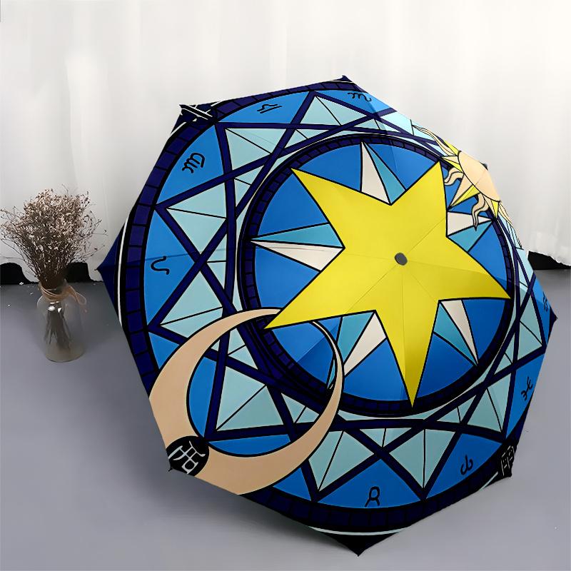 Stained Window Panel with Star, Moon, Sun DesignUmbrella, Portable 3-Fold Umbrella for Men & Women,Christmas Gift ES297