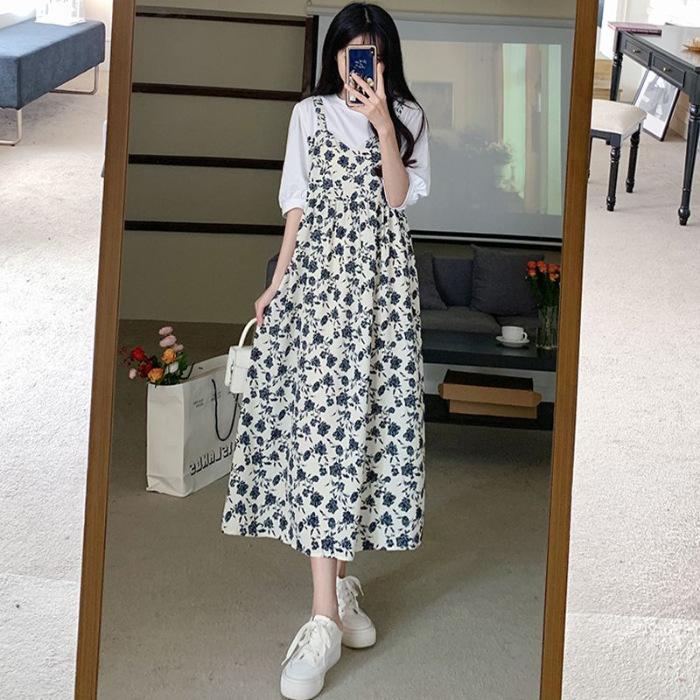 Summer Splicing Fake Two-piece Floral Strap New Dress Fashionable and Thin Loose Short-sleeved Long Dress Korean Version Skirt