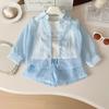Sommer Mädchen Sonnenschutz Set Gestreiftes Langarmshirt+Weste+Shorts Anzug für 2-10 Jahre Kinder Mode Sonne UV-Schutz 3-teiliges Outfit
