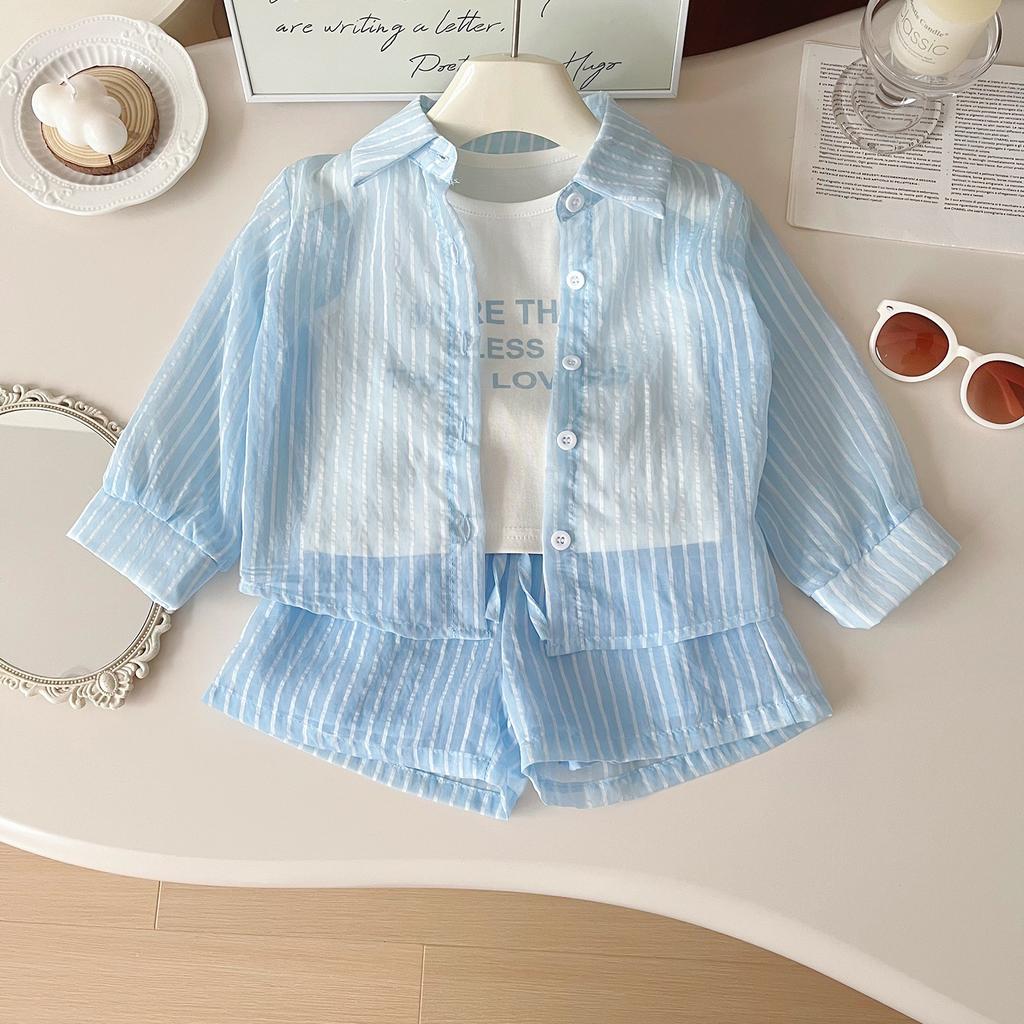 Sommer Mädchen Sonnenschutz Set Gestreiftes Langarmshirt+Weste+Shorts Anzug für 2-10 Jahre Kinder Mode Sonne UV-Schutz 3-teiliges Outfit